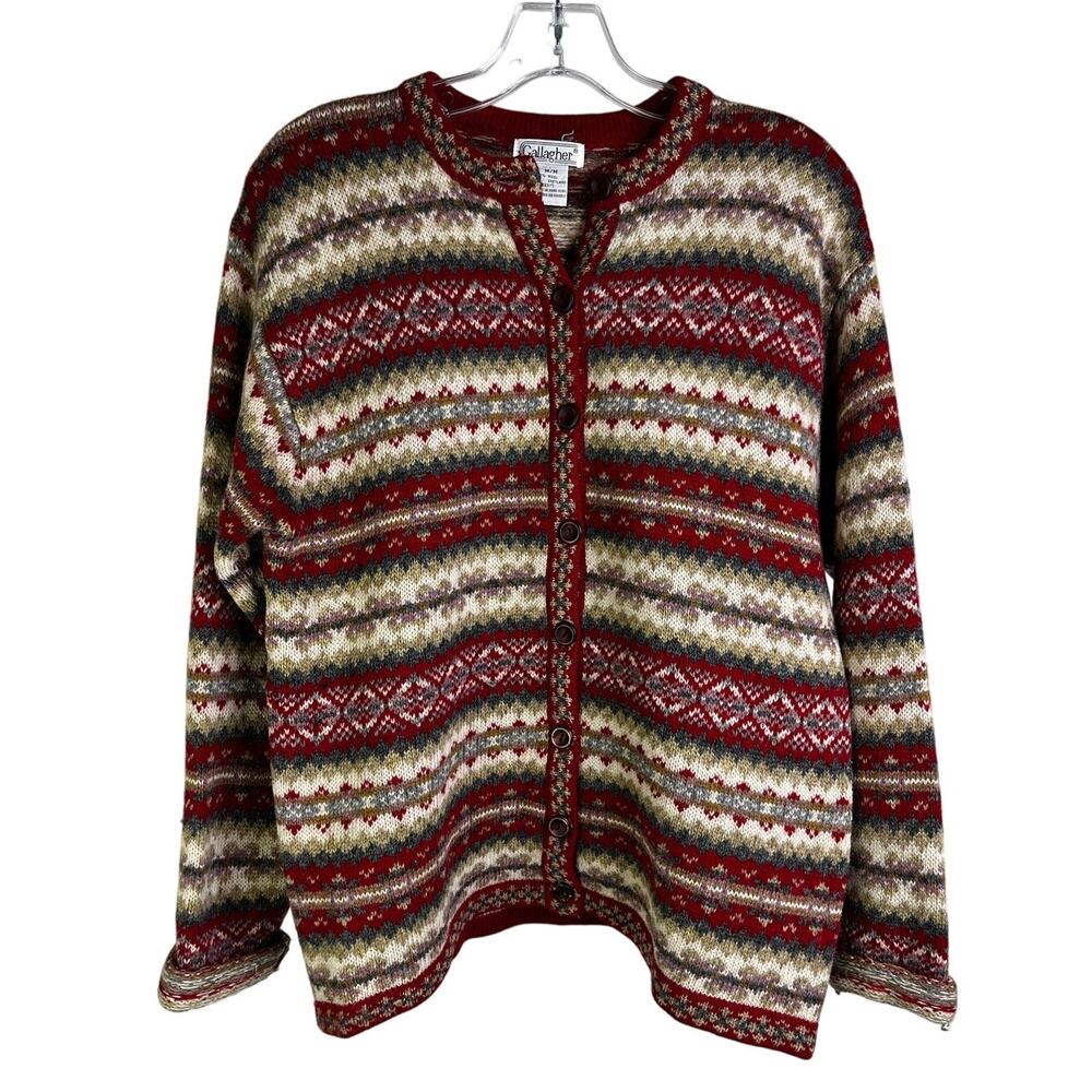 Gallagher Vintage Cardigan Sweater Women M Maroon Shetland Wool Geometric Granny